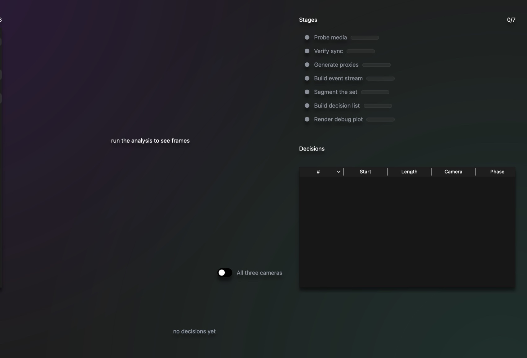 Cuecraft's dashboard: a still frame from the crowd camera, the seven analysis stages all complete, a table of 773 decisions with the reason and confidence for each, and the whole night's cut timeline across the bottom.